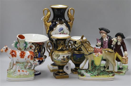 A Derby Imari pedestal urn (lacking cover), a pair of Canton vases and covers and three other items